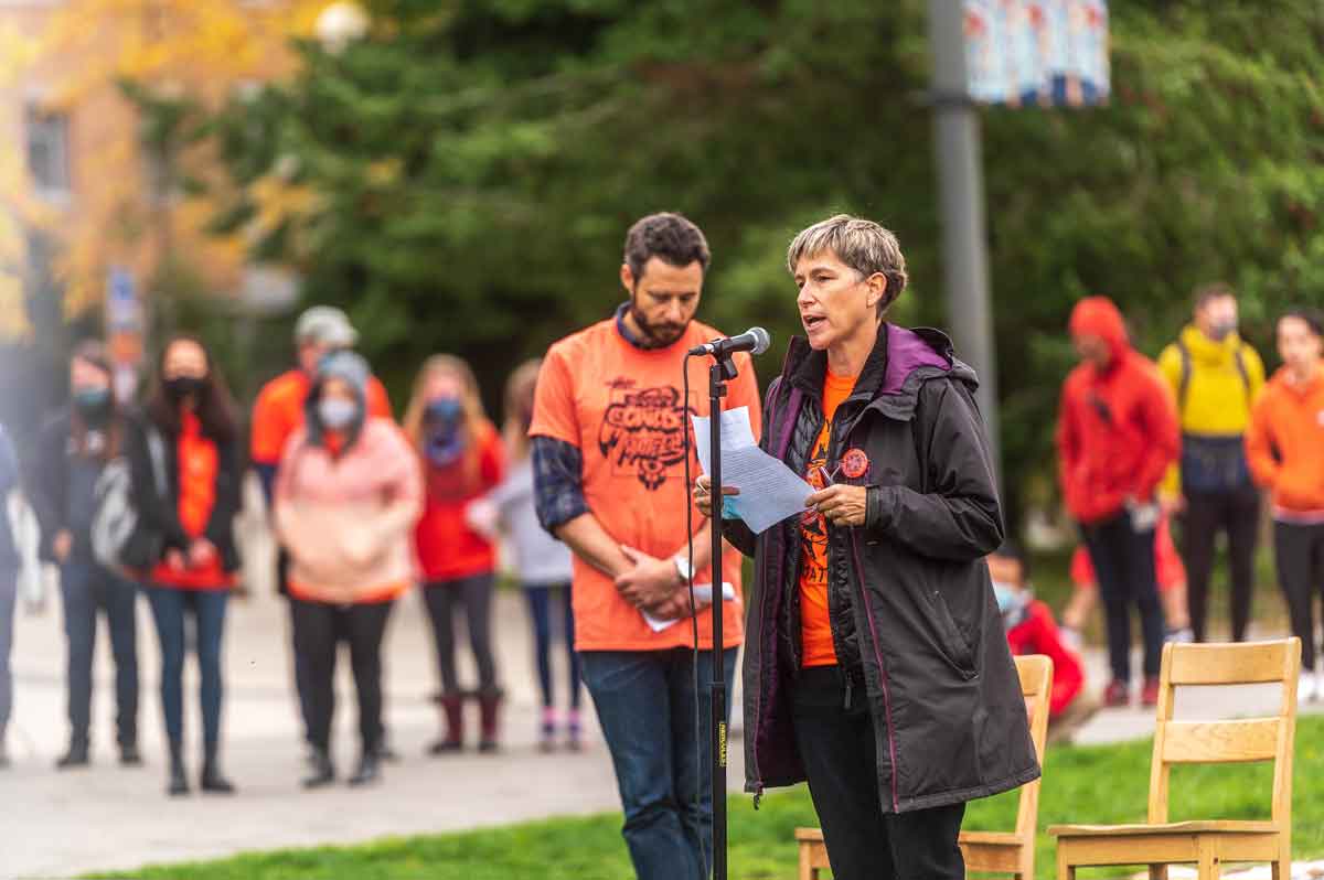 Associate Dean, EDI.I, Dr. Sheryl Staub-French makes closing remarks at the Intergenerational March to Commemorate Orange Shirt Day