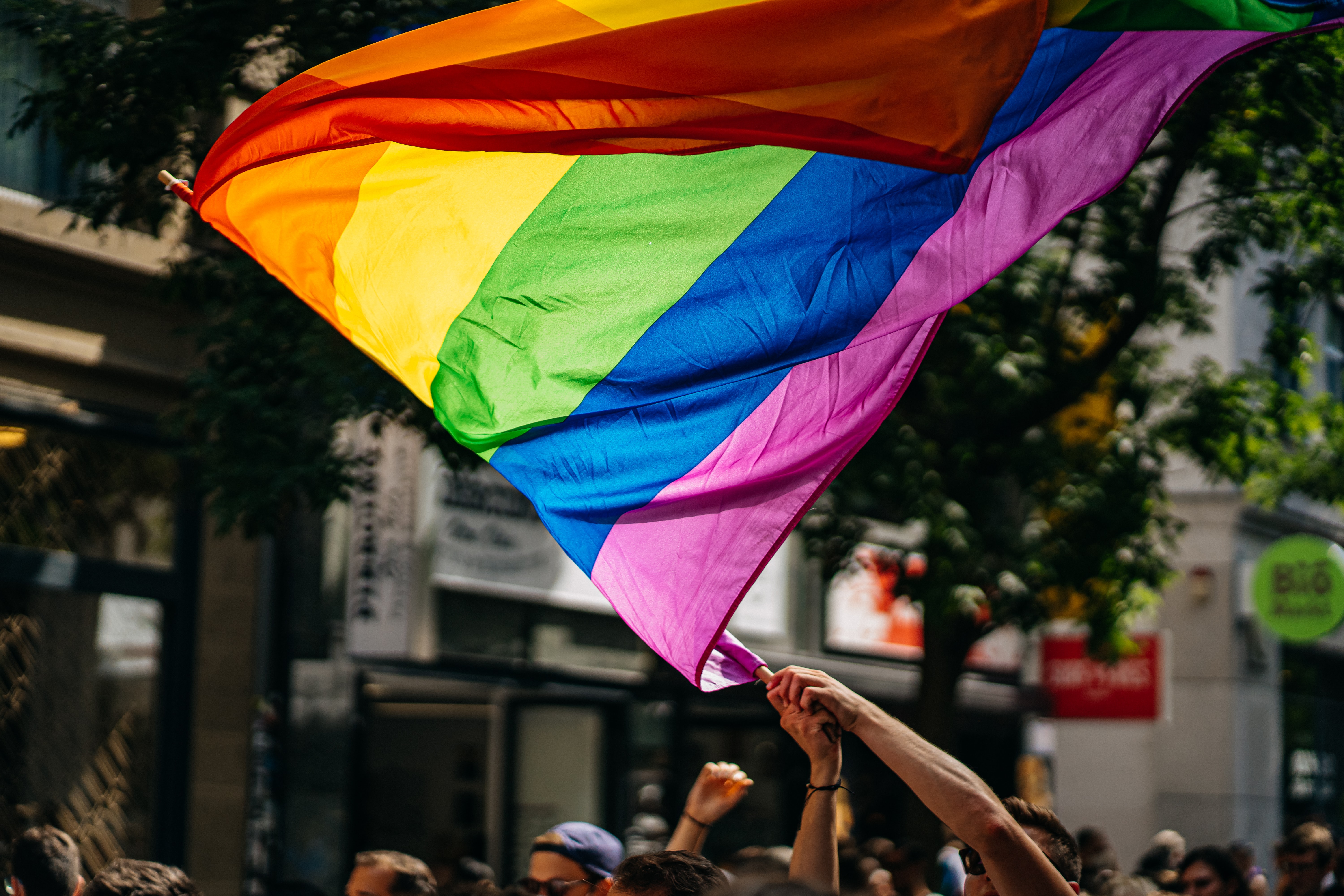 people holding a pride flag 