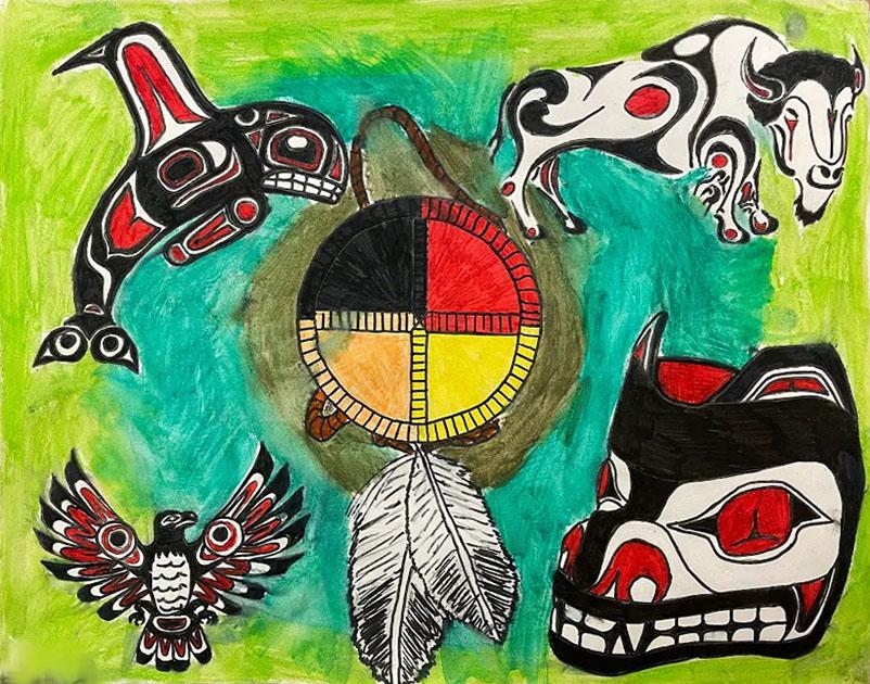 Artwork of an Indigenous medicine wheel surrounded by animals