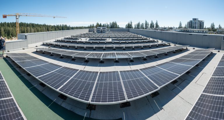 Panoramic view of solar panes on the rooftop