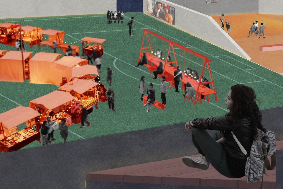 Rendering of a field with community activations taking place and an observer in the foreground