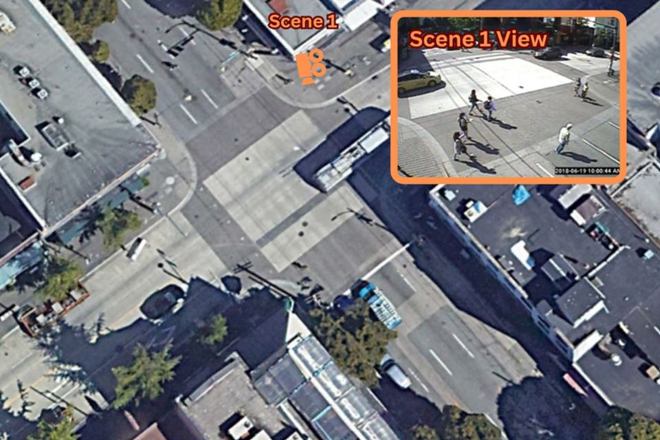 An overhead shot of the Granville-Smithe intersection with a zoomed section of pedestrians.