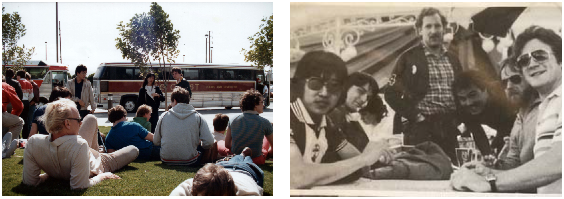 A group field trip to California in 1984 (left) and a yearbook photo from the Mech year-end party (right).