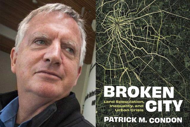 Headshot of Patrick Condon alongside his book Broken City.