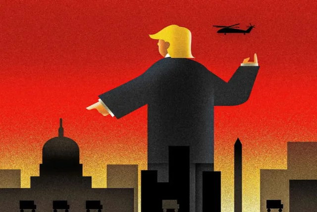 An illustration of a giant figure and a city skyline against a red sky