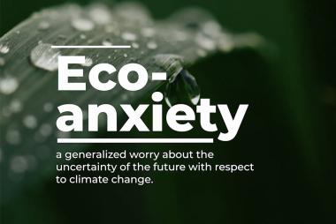 An extreme close-up of a plant leaf with water beads in the background, with whte text that defines eco-anxiety as a generalized worry about the uncertainty of the future with respect to climate change.