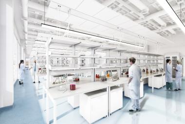 lab with white counters and people working