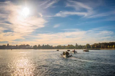 Multiple longboats in the water on a sunny day