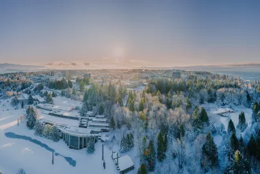 Snowy aerial view of UBC campus.