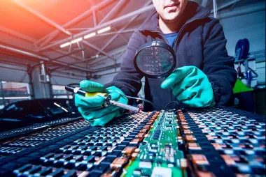 Technician repairing a circuit board with a magnifying glass.