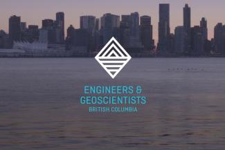 Engineers and Geoscientists BC logo with a city background during sunset