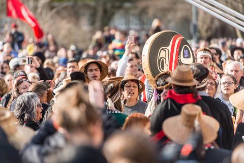 Crowd of people at the UBC Reconciliation Pole Event in 2017.