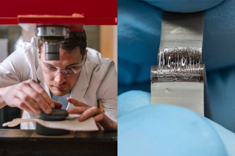 On the left, a researcher is forming compostable material into a mold. On the right, a close-up of gloved hands separate a test strip of self-healing polymer.