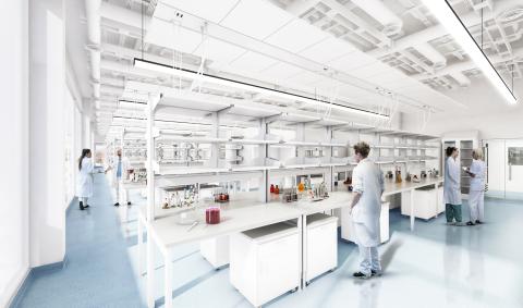 lab with white counters and people working