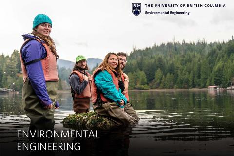 Four students with life jackets stand in a lake