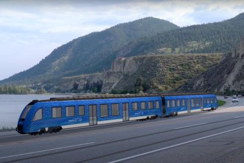 A concept illustration of a railcar riding next to a lake.