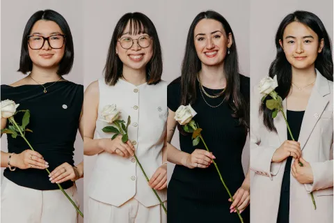 Angela Wang, Catherine Ko, Samantha Krieg and Ruth Yu each holding a white rose