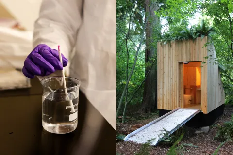 A composite image showing a stir stick on the left and the MycoToilet on the right