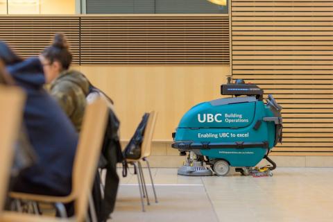 A robotic floor scrubber powered by A&K Robotics follows a preset path in UBC’s Life Sciences Centre.