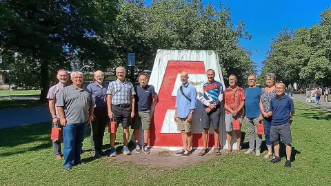 A few members of the class of 1984 reunited at the engineering cairn during their 40th reunion.